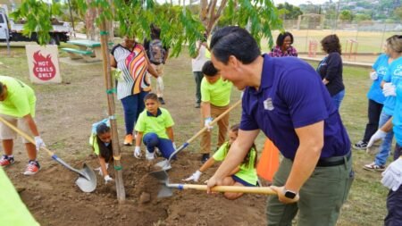 Alcalde Gloria y estudiantes plantan árboles en el Parque Comunitario Encanto